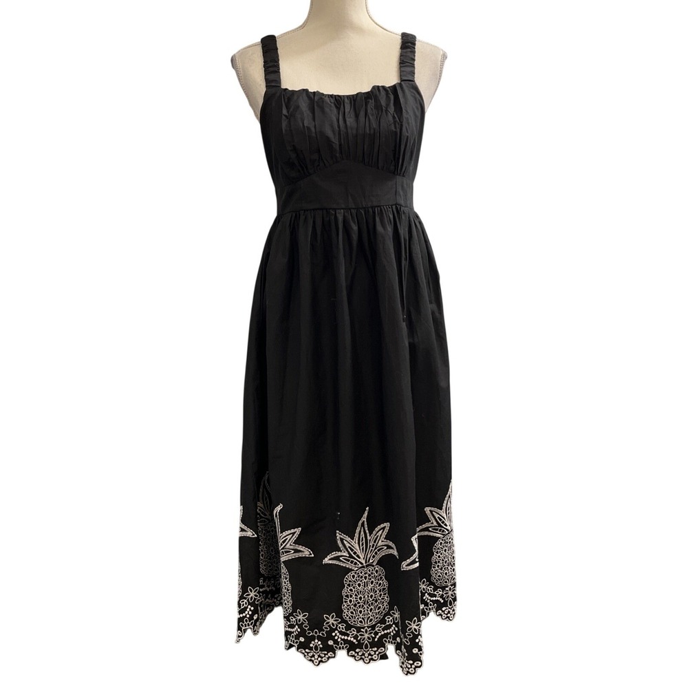 Black Sundress Pineapple Embroidered Babydoll Tiered Maxi Size S Resort Beach